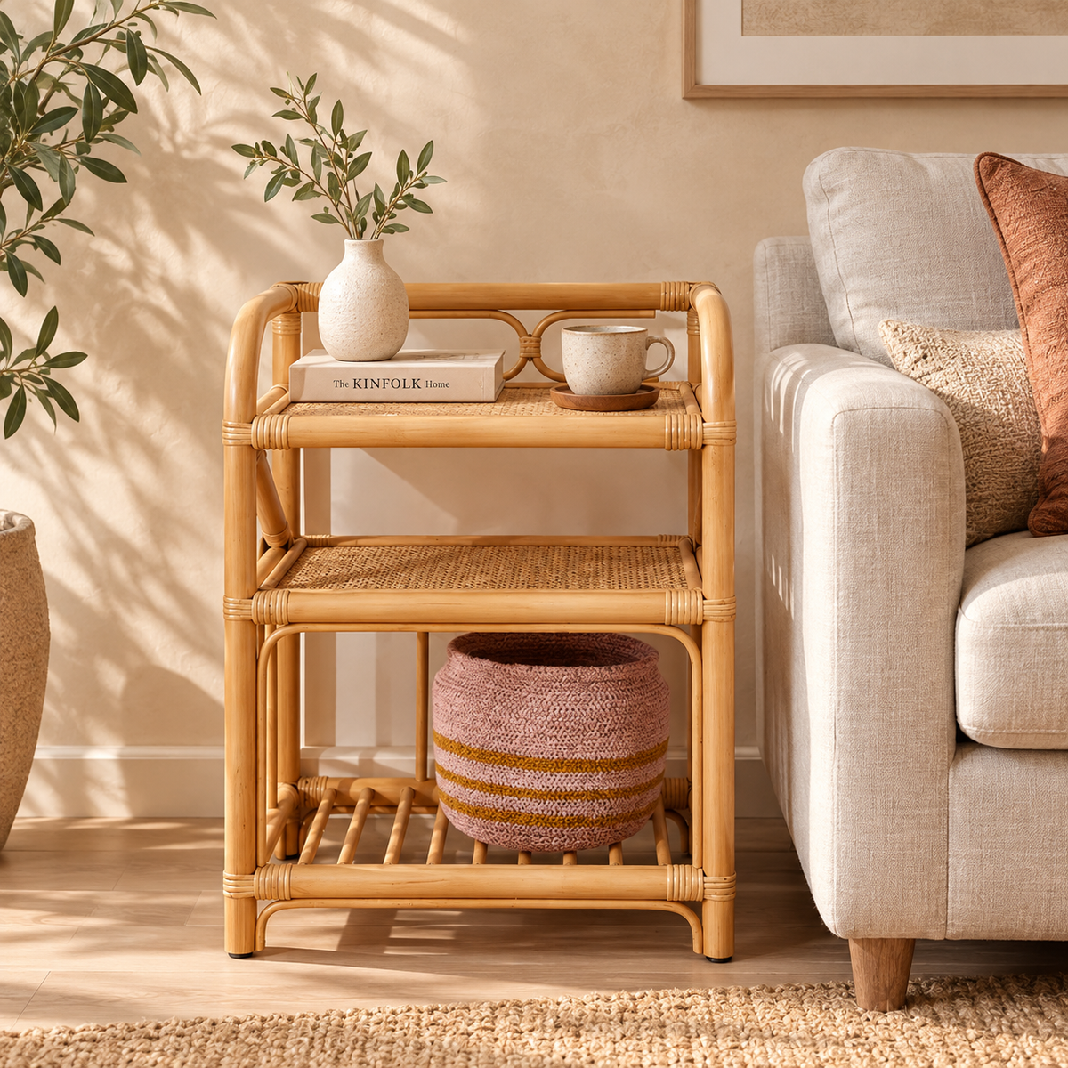 Elara Rattan Bedside Table | Handwoven Natural Rattan Side Table | Boho & Japandi Bedroom Furniture