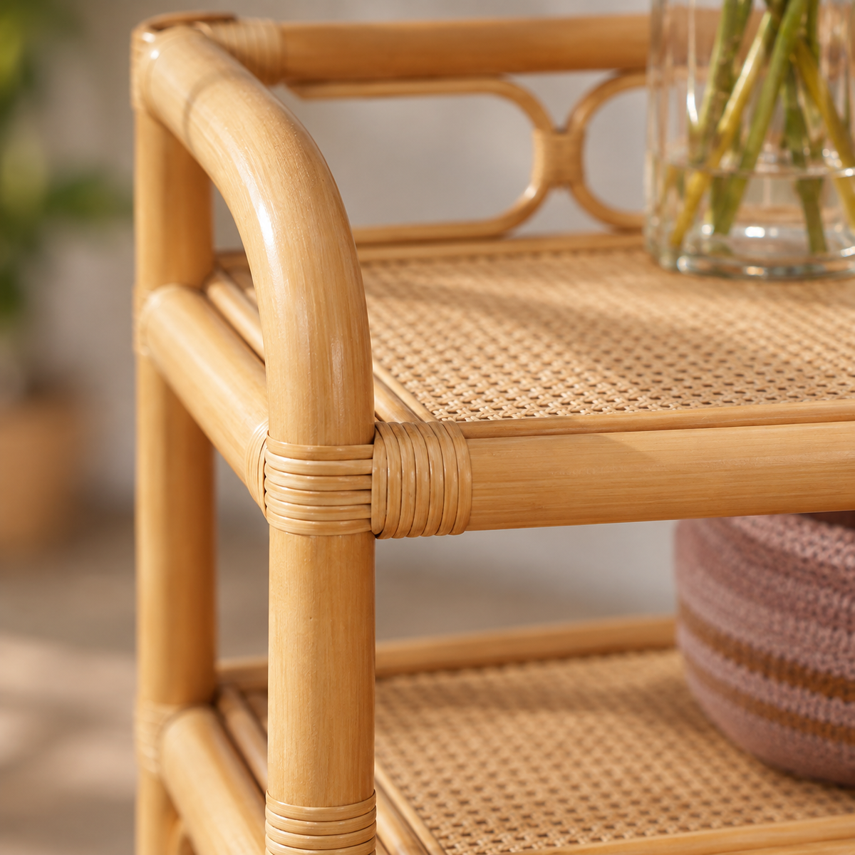 Elara Rattan Bedside Table | Handwoven Natural Rattan Side Table | Boho & Japandi Bedroom Furniture