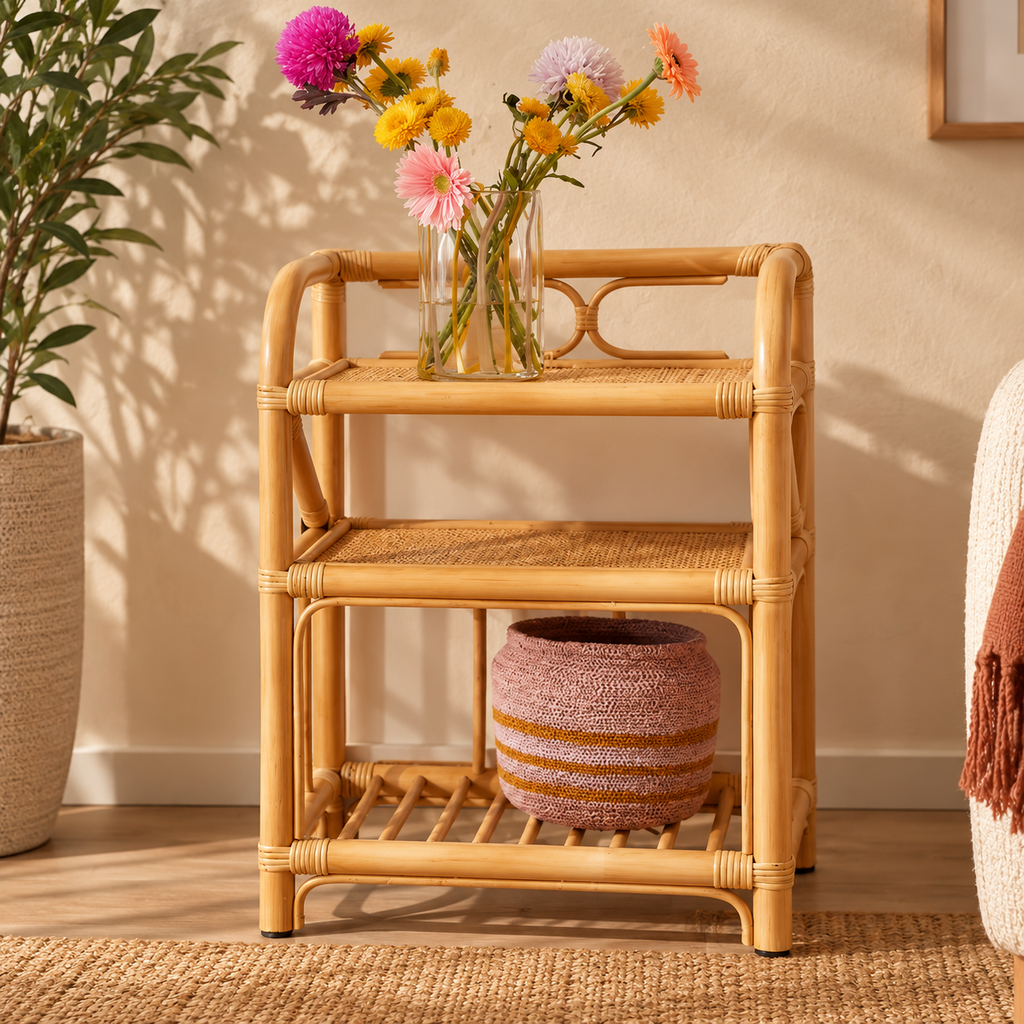 Elara Rattan Bedside Table | Handwoven Natural Rattan Side Table | Boho & Japandi Bedroom Furniture