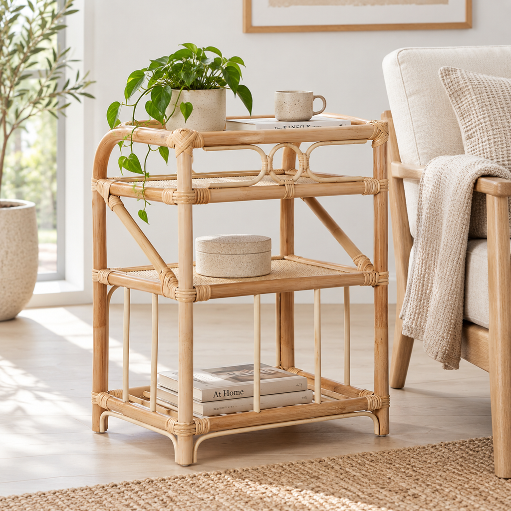 Elara Rattan Bedside Table | Handwoven Natural Rattan Side Table | Boho & Japandi Bedroom Furniture