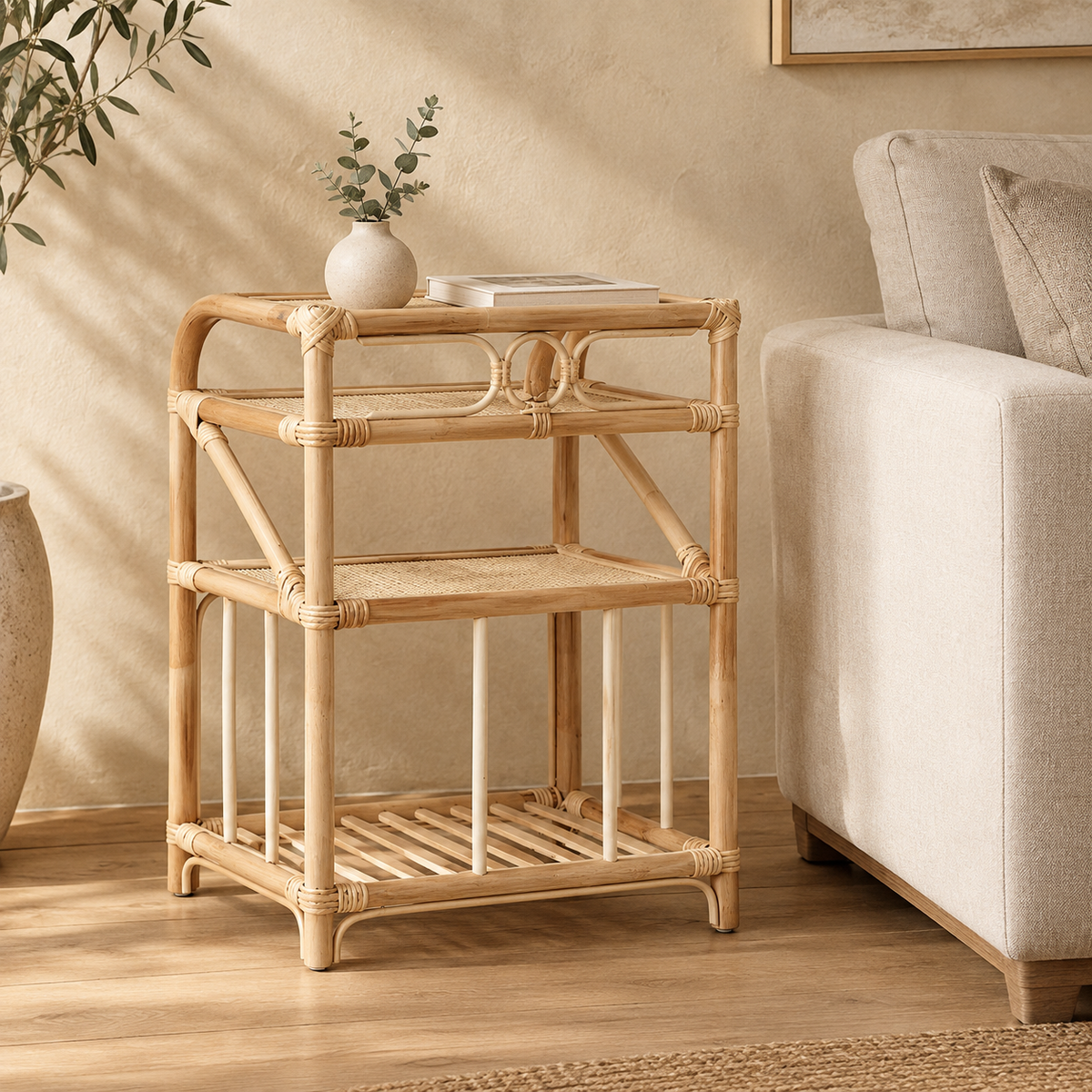 Elara Rattan Bedside Table | Handwoven Natural Rattan Side Table | Boho & Japandi Bedroom Furniture