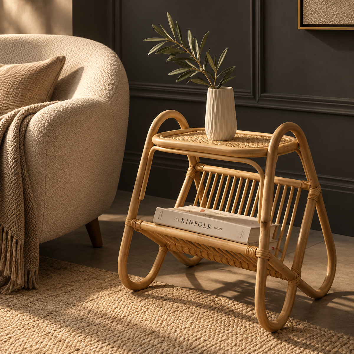 Mihira Rattan Bedside Table | Handwoven Natural Rattan Side Table | Boho & Japandi Bedroom Furniture