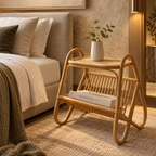 Mihira Rattan Bedside Table | Handwoven Natural Rattan Side Table | Boho & Japandi Bedroom Furniture