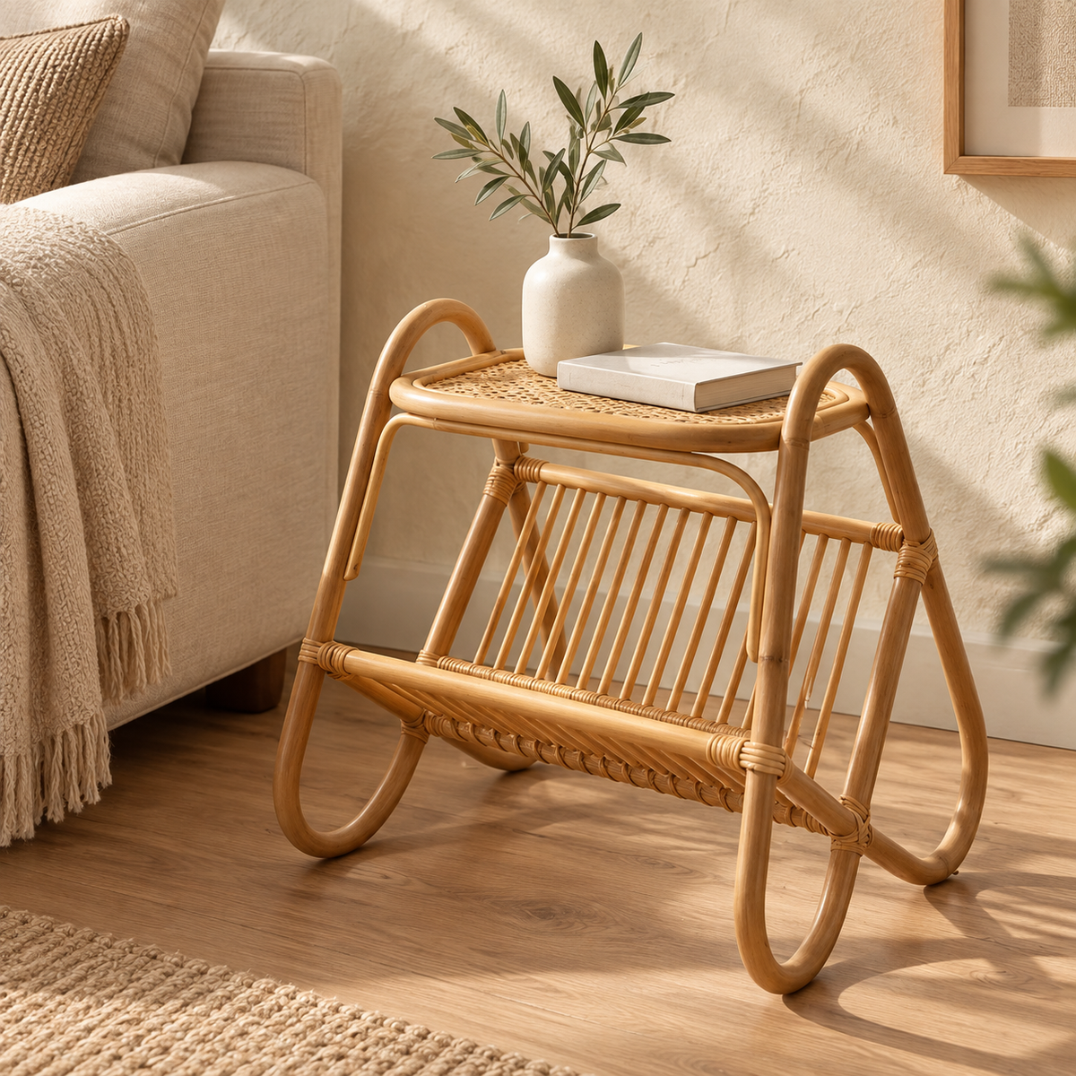 Mihira Rattan Bedside Table | Handwoven Natural Rattan Side Table | Boho & Japandi Bedroom Furniture