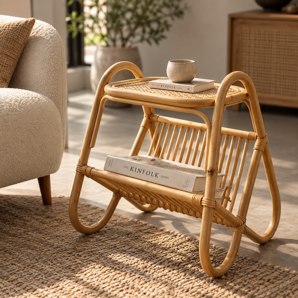 Mihira Rattan Bedside Table | Handwoven Natural Rattan Side Table | Boho & Japandi Bedroom Furniture