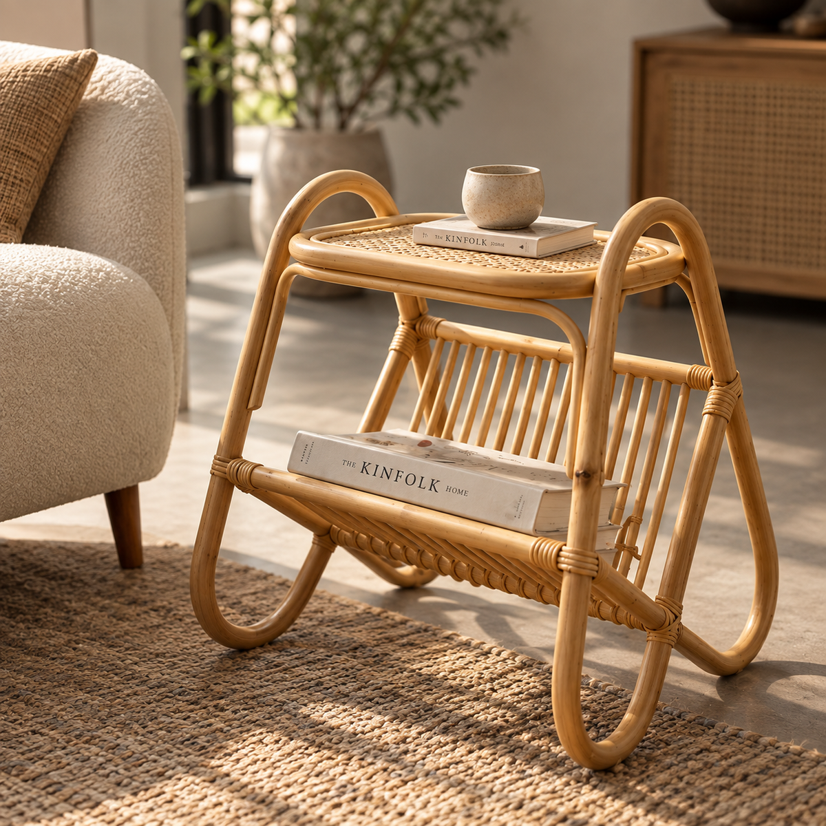 Mihira Rattan Bedside Table | Handwoven Natural Rattan Side Table | Boho & Japandi Bedroom Furniture