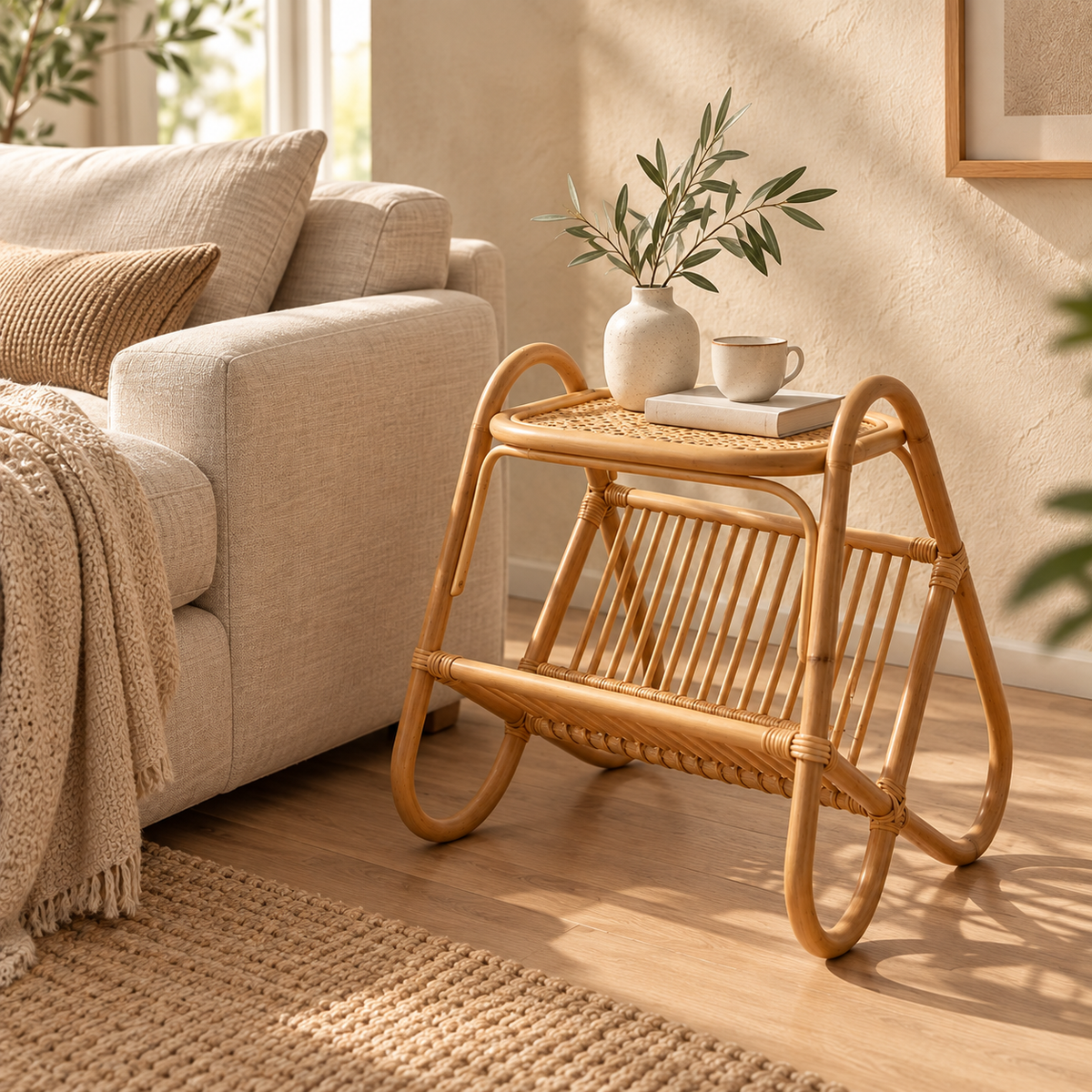 Mihira Rattan Bedside Table | Handwoven Natural Rattan Side Table | Boho & Japandi Bedroom Furniture