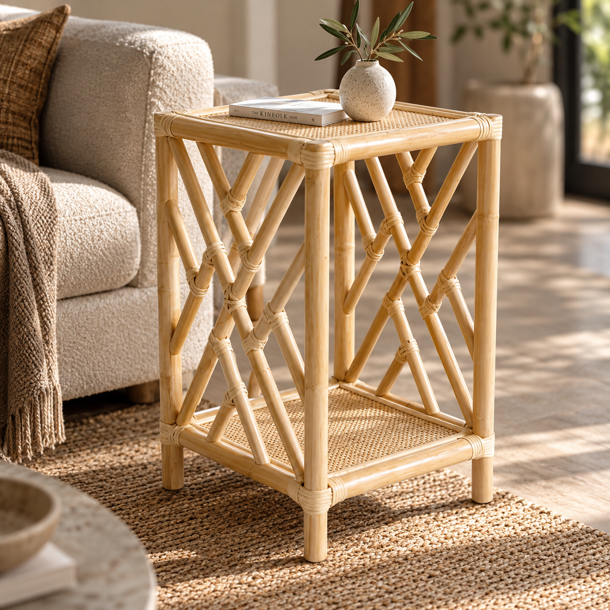 Avira Rattan Bedside Table | Handwoven Natural Rattan Side Table | Boho & Japandi Bedroom Furniture
