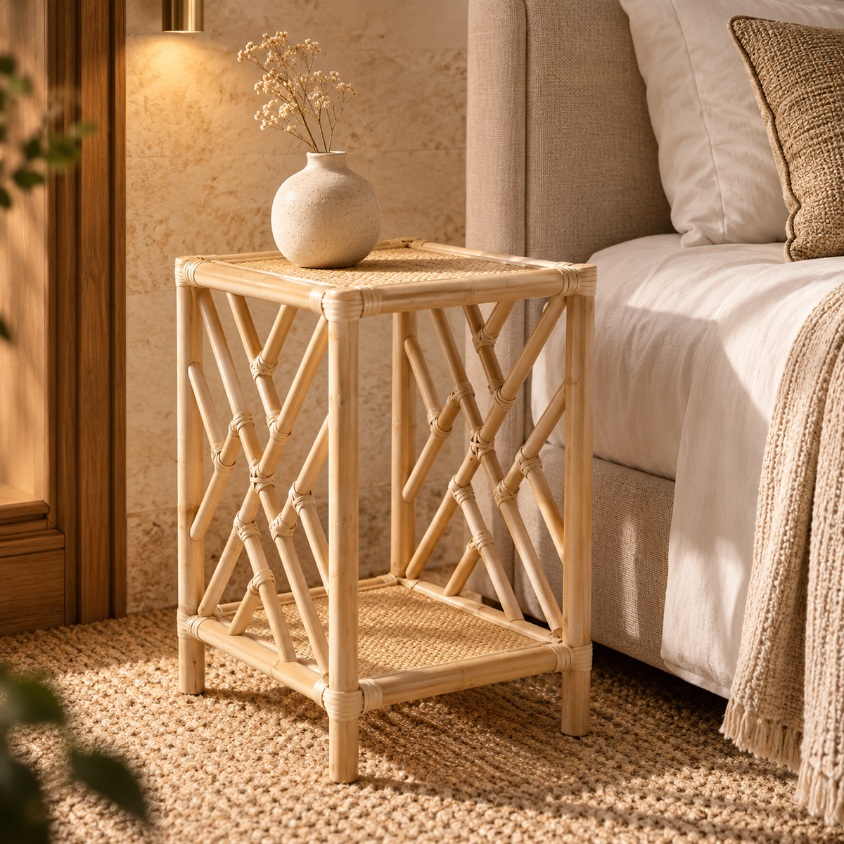 Avira Rattan Bedside Table | Handwoven Natural Rattan Side Table | Boho & Japandi Bedroom Furniture