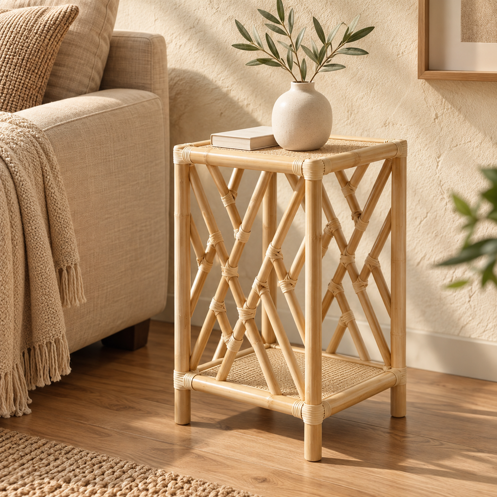 Avira Rattan Bedside Table | Handwoven Natural Rattan Side Table | Boho & Japandi Bedroom Furniture