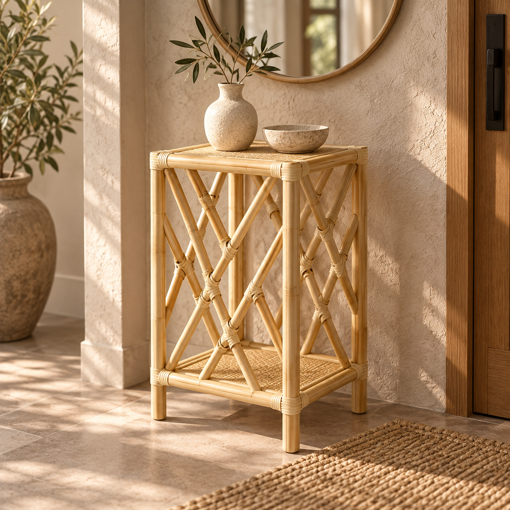 Avira Rattan Bedside Table | Handwoven Natural Rattan Side Table | Boho & Japandi Bedroom Furniture