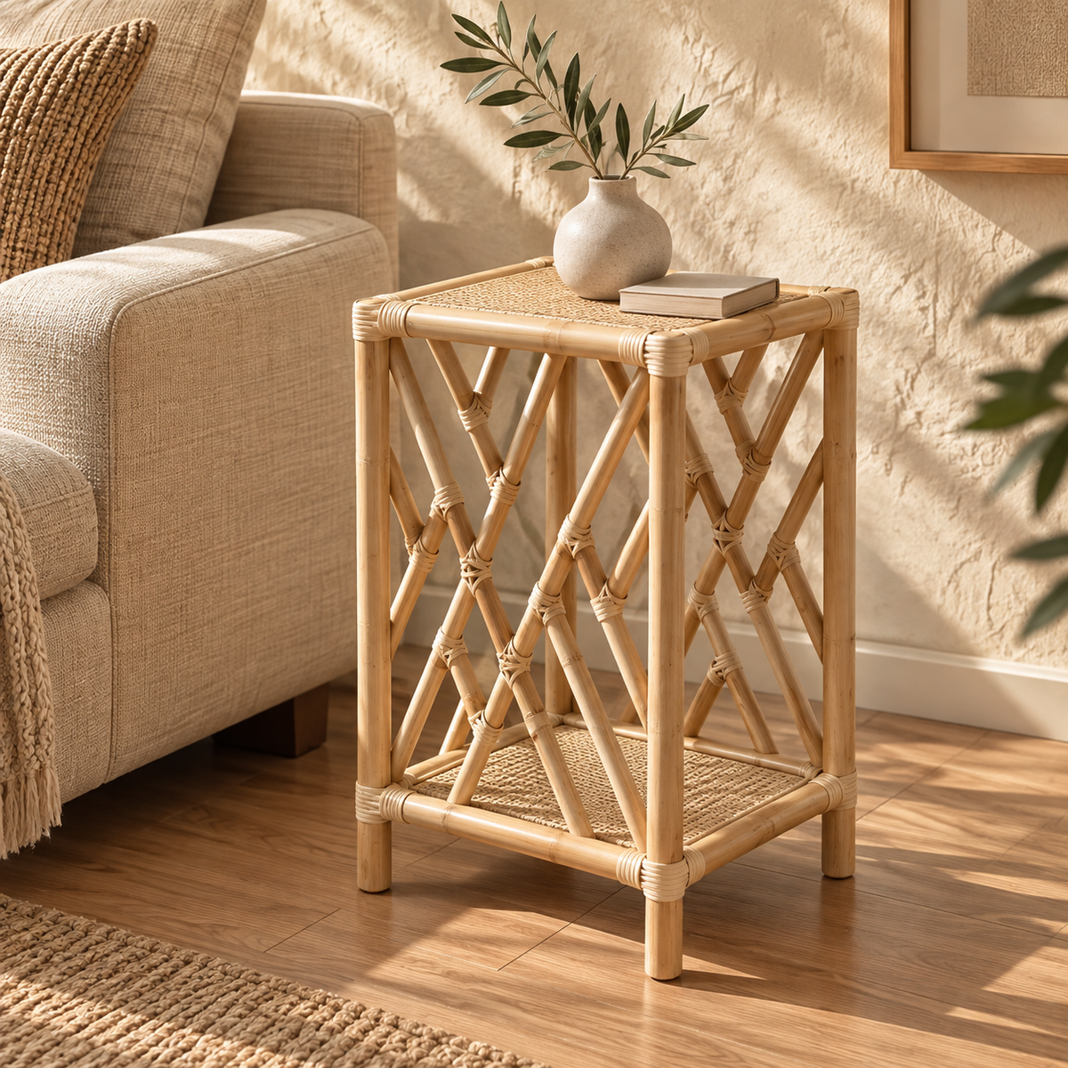 Avira Rattan Bedside Table | Handwoven Natural Rattan Side Table | Boho & Japandi Bedroom Furniture