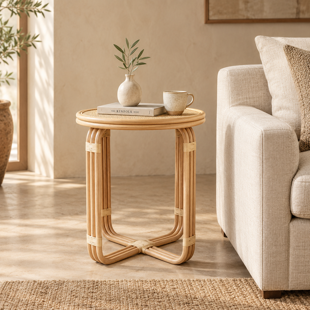 Nayara Rattan Side Table | Handwoven Natural Rattan Bedside Table | Boho & Japandi Furniture