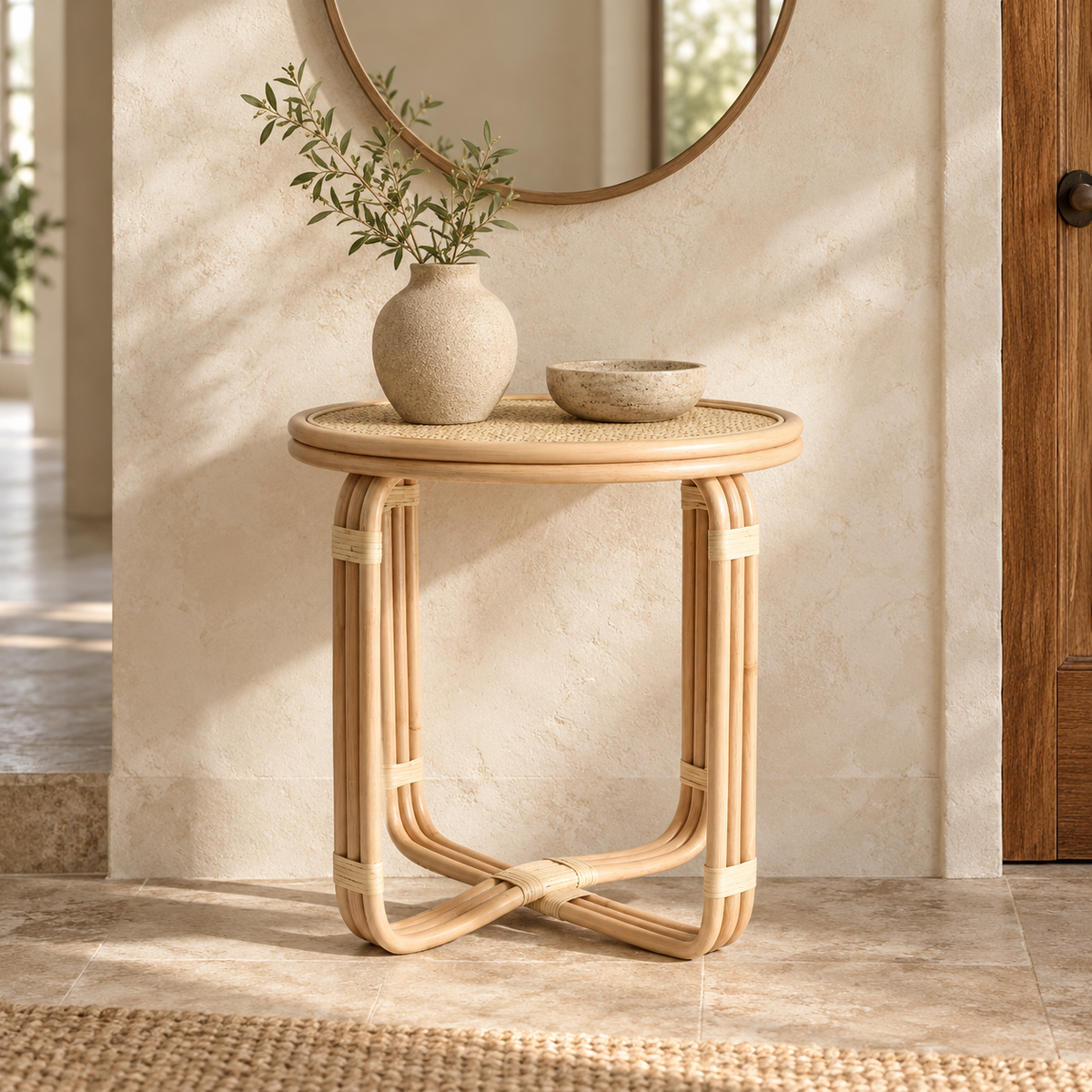Nayara Rattan Side Table | Handwoven Natural Rattan Bedside Table | Boho & Japandi Furniture