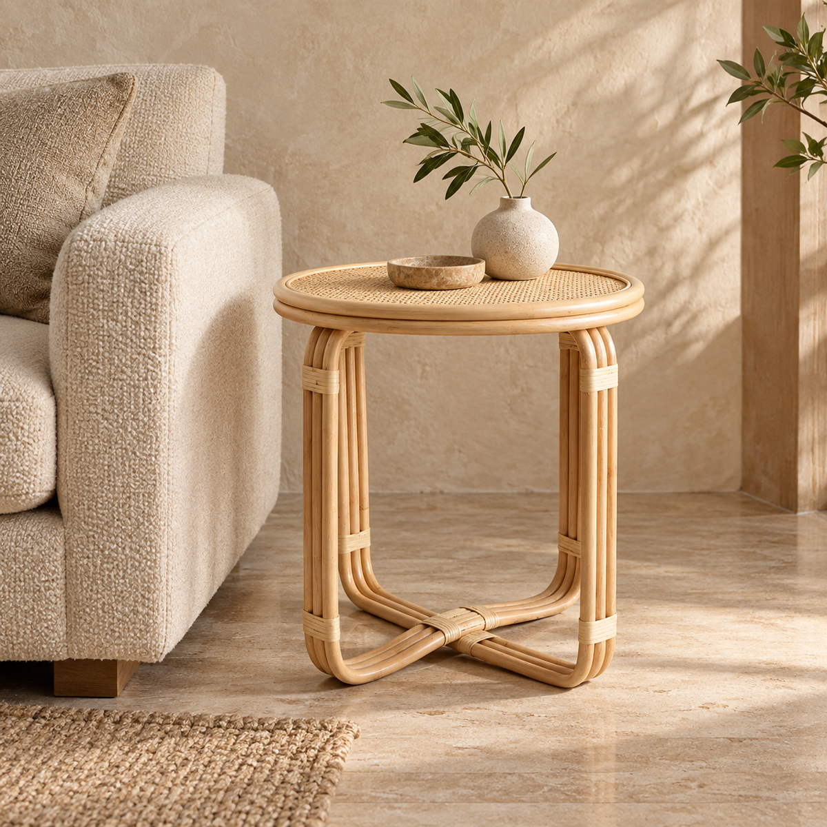 Nayara Rattan Side Table | Handwoven Natural Rattan Bedside Table | Boho & Japandi Furniture