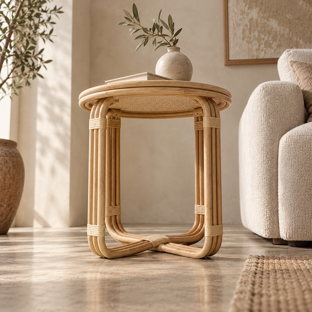 Nayara Rattan Side Table | Handwoven Natural Rattan Bedside Table | Boho & Japandi Furniture