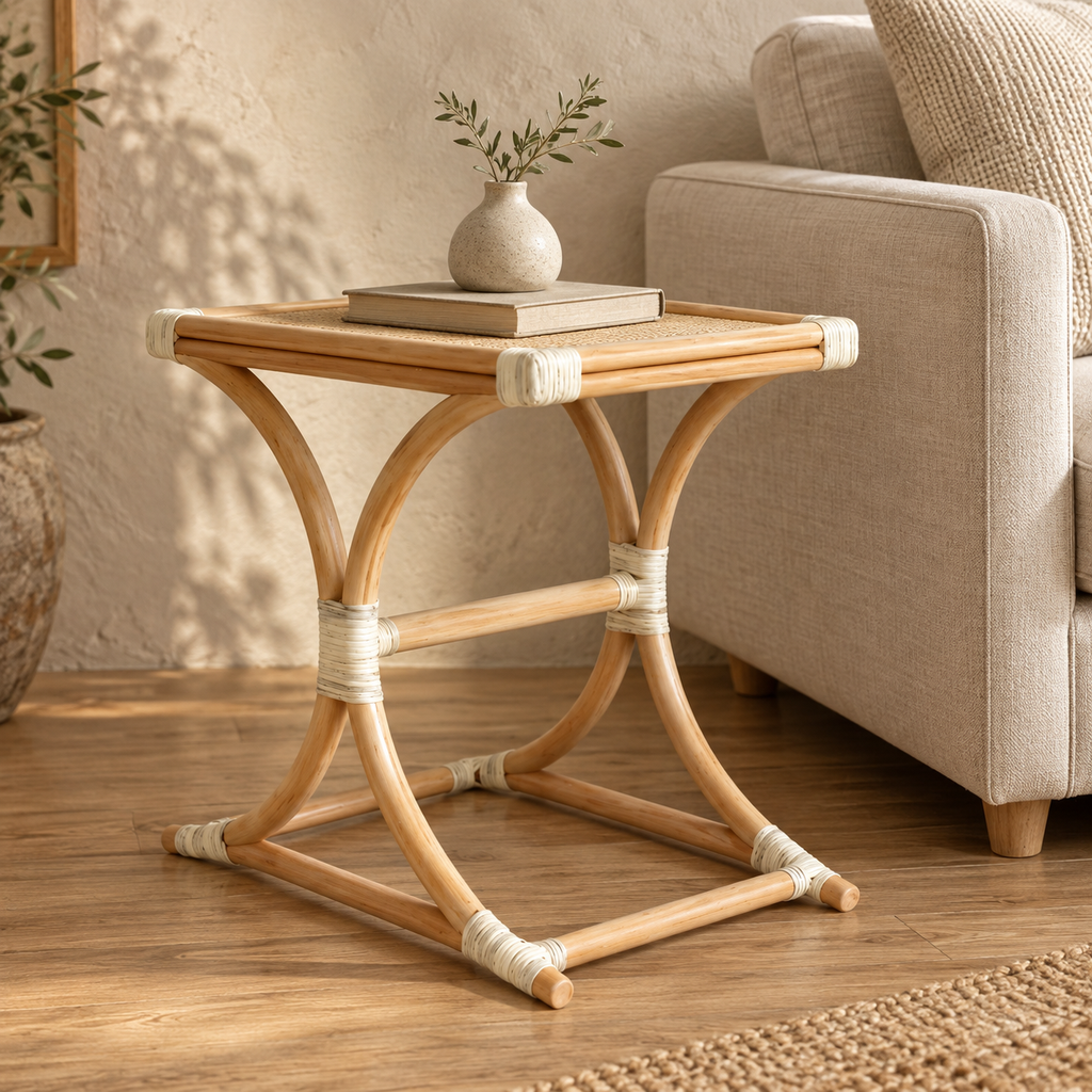 Aarini Rattan Bedside Table | Handwoven Natural Rattan Side Table | Boho & Japandi Bedroom Furniture