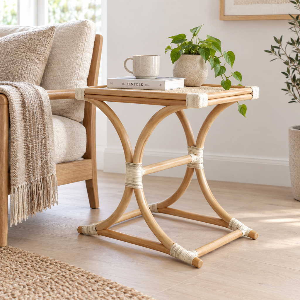 Aarini Rattan Bedside Table | Handwoven Natural Rattan Side Table | Boho & Japandi Bedroom Furniture