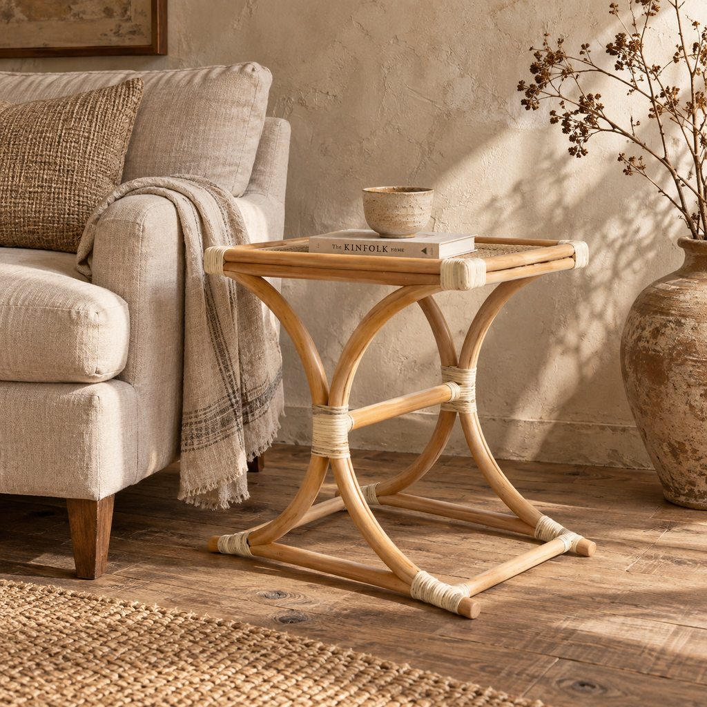 Aarini Rattan Bedside Table | Handwoven Natural Rattan Side Table | Boho & Japandi Bedroom Furniture