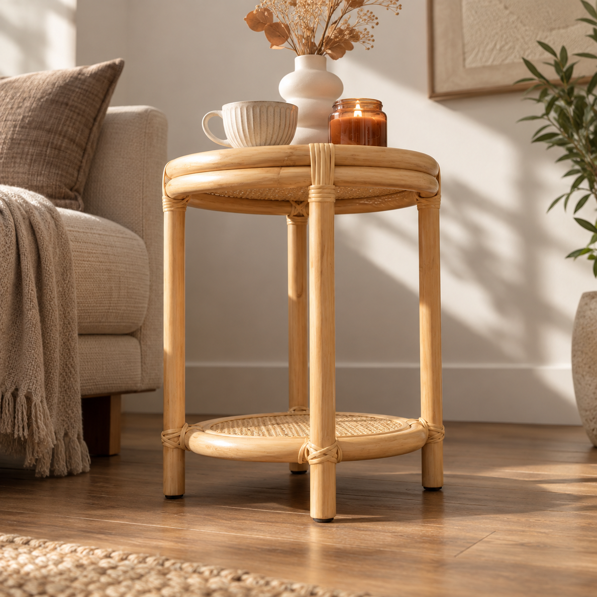 Vanya Rattan Bedside Table | Handwoven Natural Rattan Side Table | Boho & Japandi Bedroom Furniture
