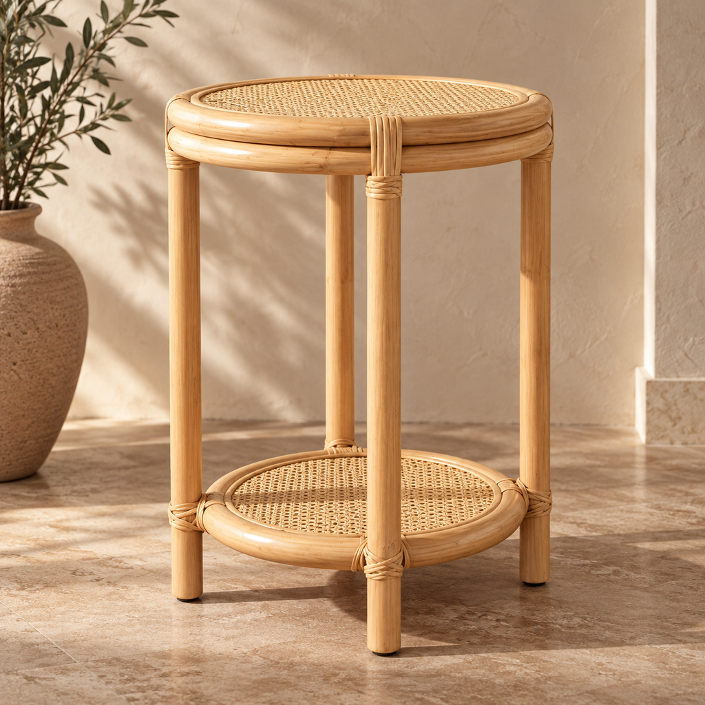 Vanya Rattan Bedside Table | Handwoven Natural Rattan Side Table | Boho & Japandi Bedroom Furniture