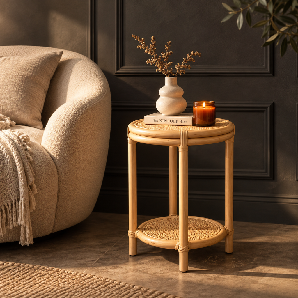 Vanya Rattan Bedside Table | Handwoven Natural Rattan Side Table | Boho & Japandi Bedroom Furniture