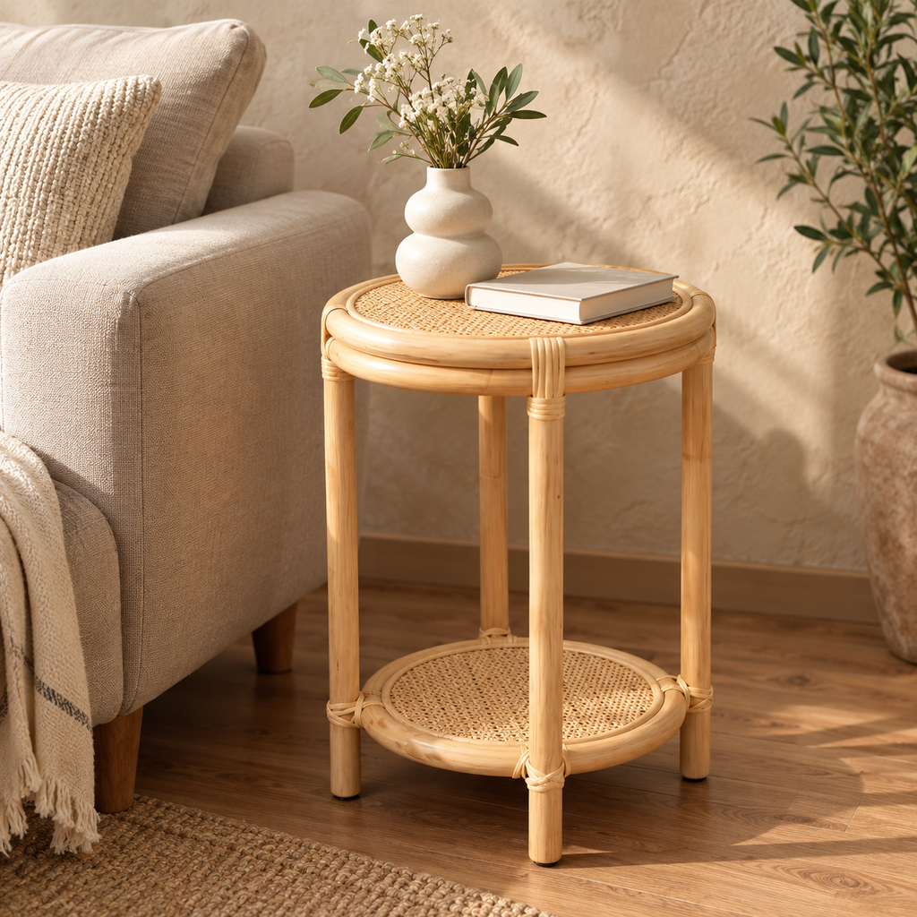 Vanya Rattan Bedside Table | Handwoven Natural Rattan Side Table | Boho & Japandi Bedroom Furniture