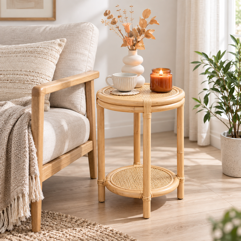 Vanya Rattan Bedside Table | Handwoven Natural Rattan Side Table | Boho & Japandi Bedroom Furniture