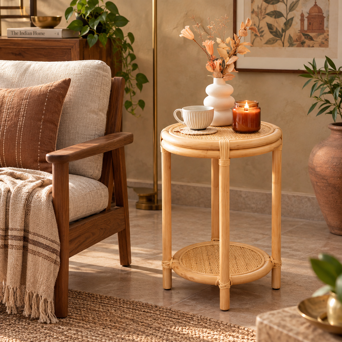 Vanya Rattan Bedside Table | Handwoven Natural Rattan Side Table | Boho & Japandi Bedroom Furniture