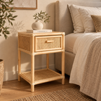 Iraaya Rattan Bedside Table | Handwoven Natural Rattan Side Table | Boho & Japandi Bedroom Furniture