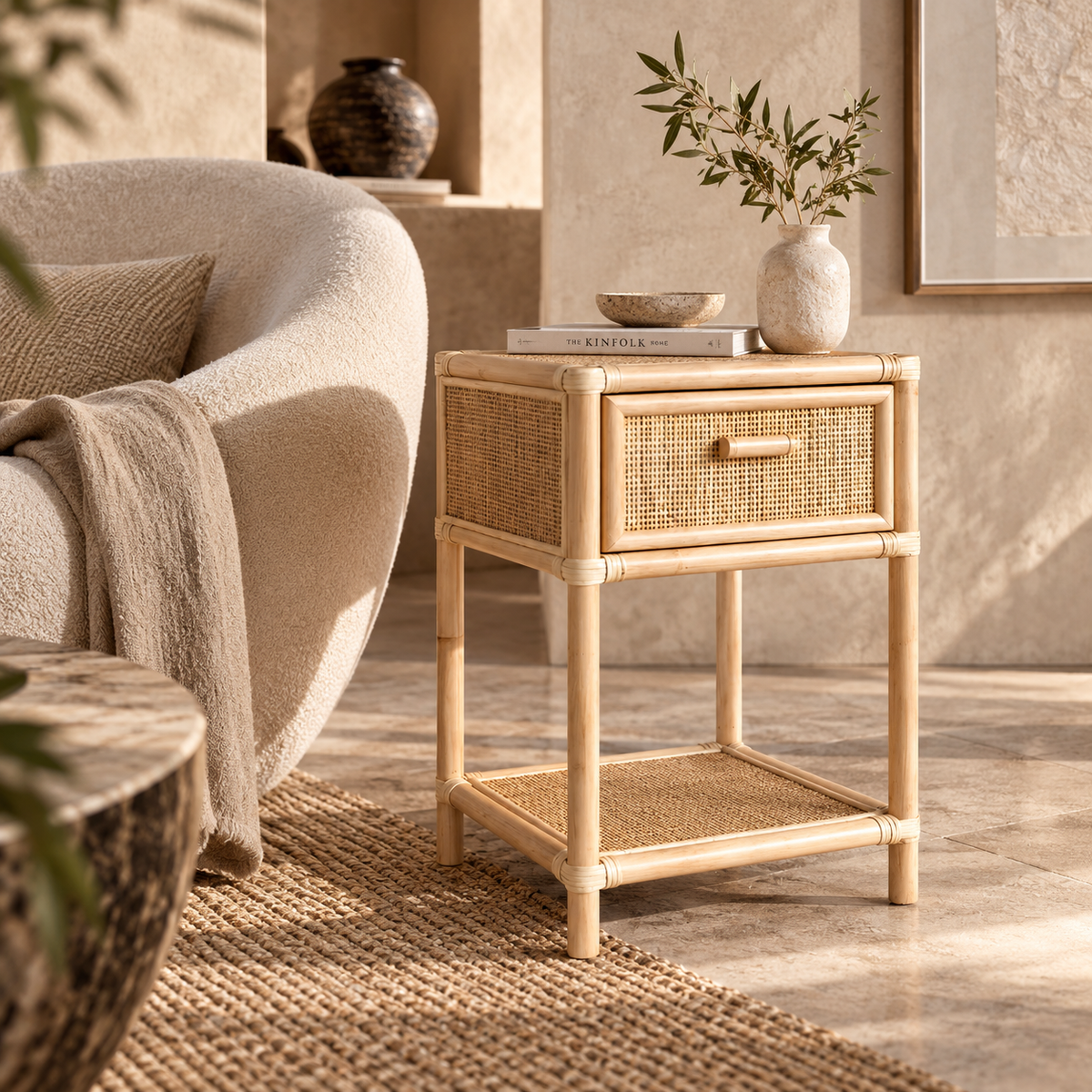 Iraaya Rattan Bedside Table | Handwoven Natural Rattan Side Table | Boho & Japandi Bedroom Furniture