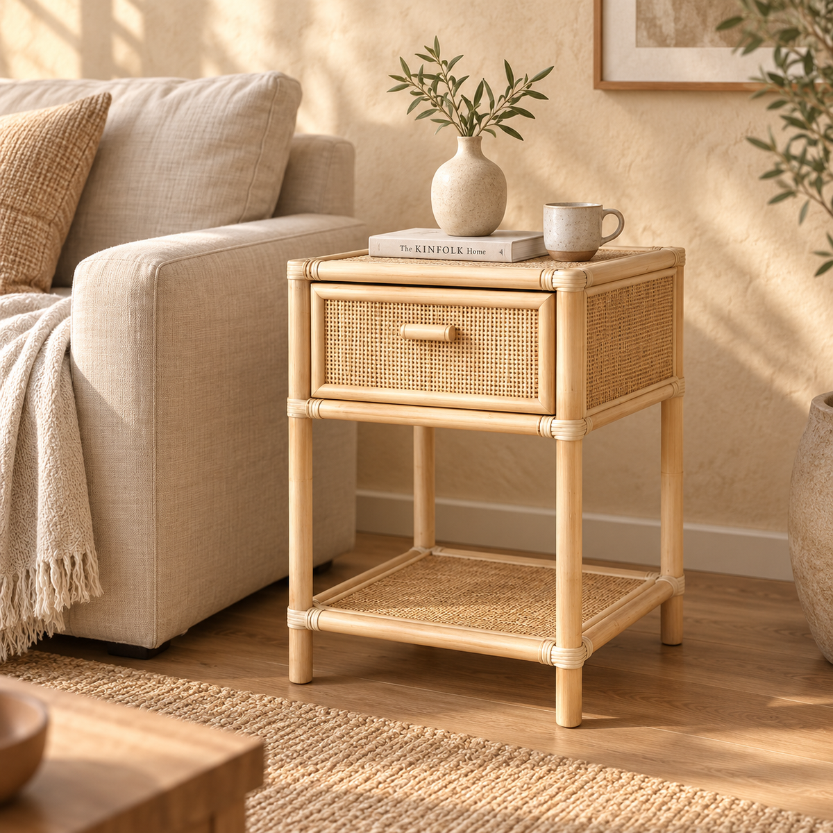 Iraaya Rattan Bedside Table | Handwoven Natural Rattan Side Table | Boho & Japandi Bedroom Furniture
