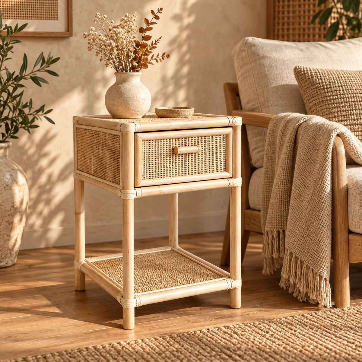 Iraaya Rattan Bedside Table | Handwoven Natural Rattan Side Table | Boho & Japandi Bedroom Furniture