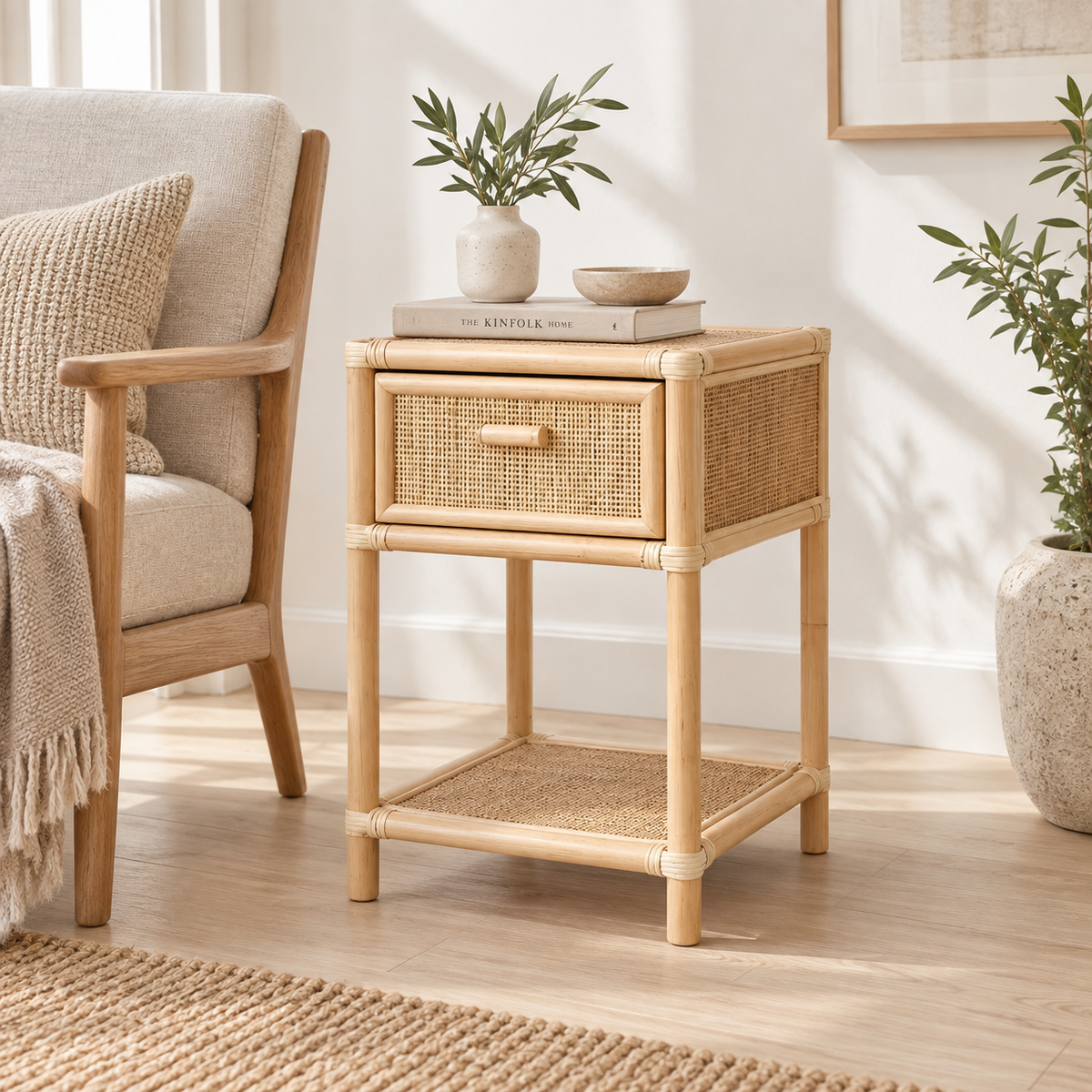 Iraaya Rattan Bedside Table | Handwoven Natural Rattan Side Table | Boho & Japandi Bedroom Furniture