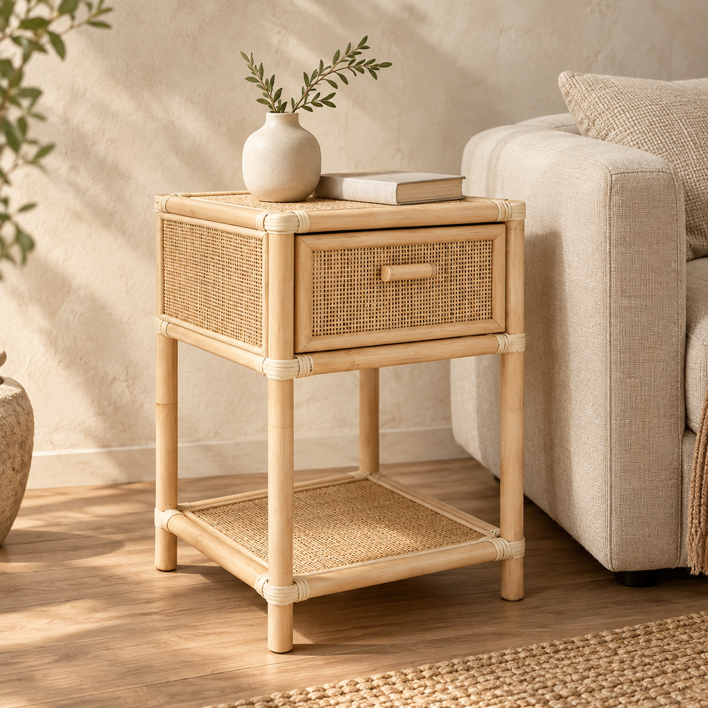 Iraaya Rattan Bedside Table | Handwoven Natural Rattan Side Table | Boho & Japandi Bedroom Furniture