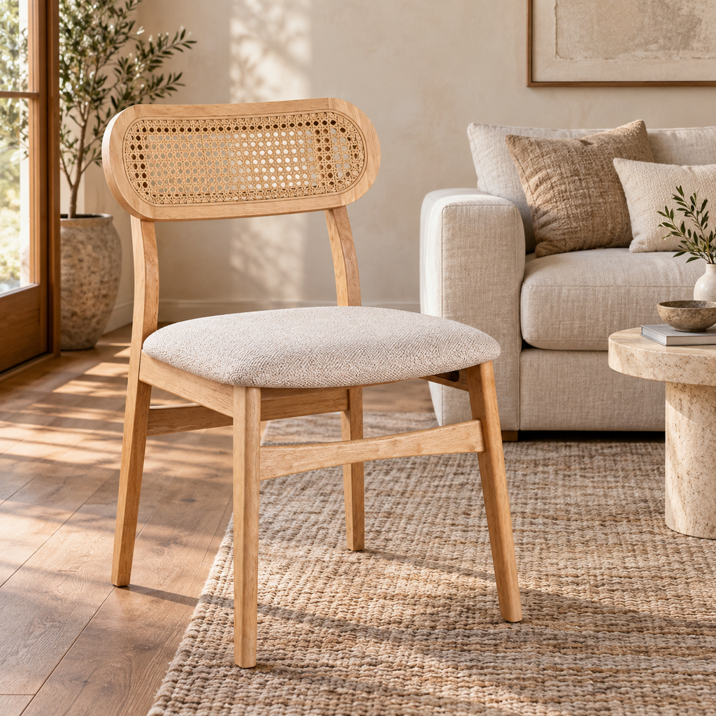 Aarvya Rattan Dining Chair | Handwoven Natural Cane Chair | Japandi & Boho Accent Seating