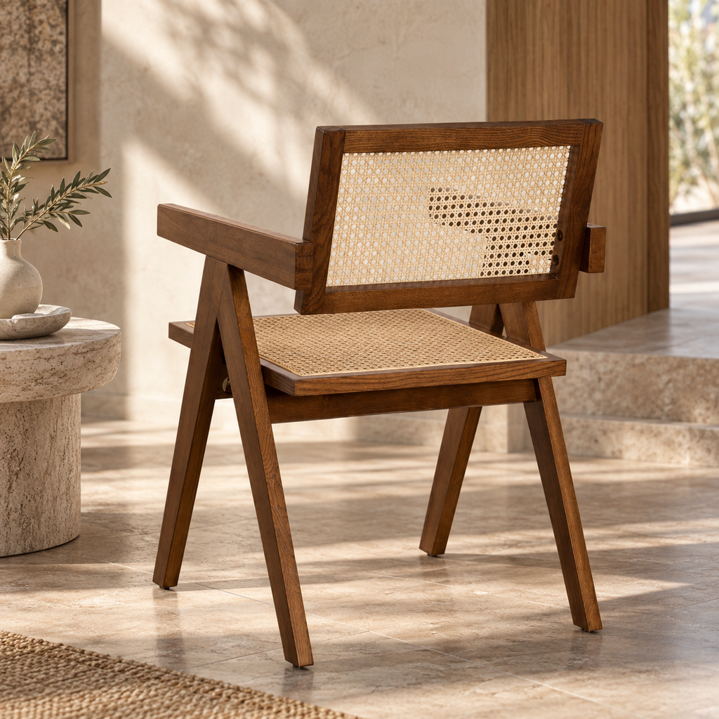 Bhavna Rattan Dining Chair | Handwoven Natural Cane Chair | Teak Finish Japandi & Boho Furniture