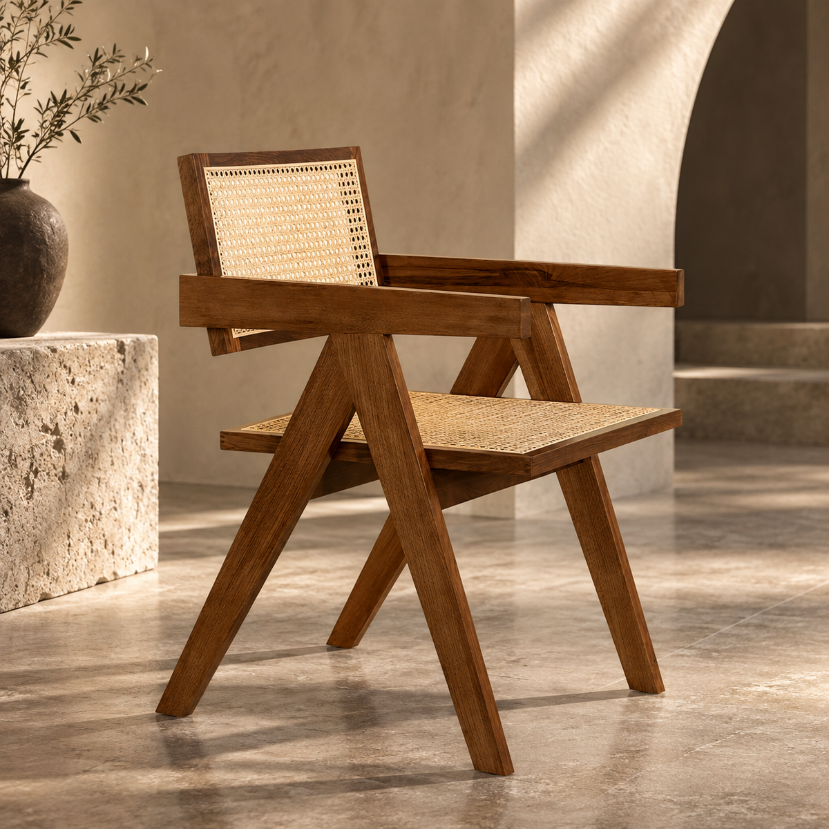 Bhavna Rattan Dining Chair | Handwoven Natural Cane Chair | Teak Finish Japandi & Boho Furniture
