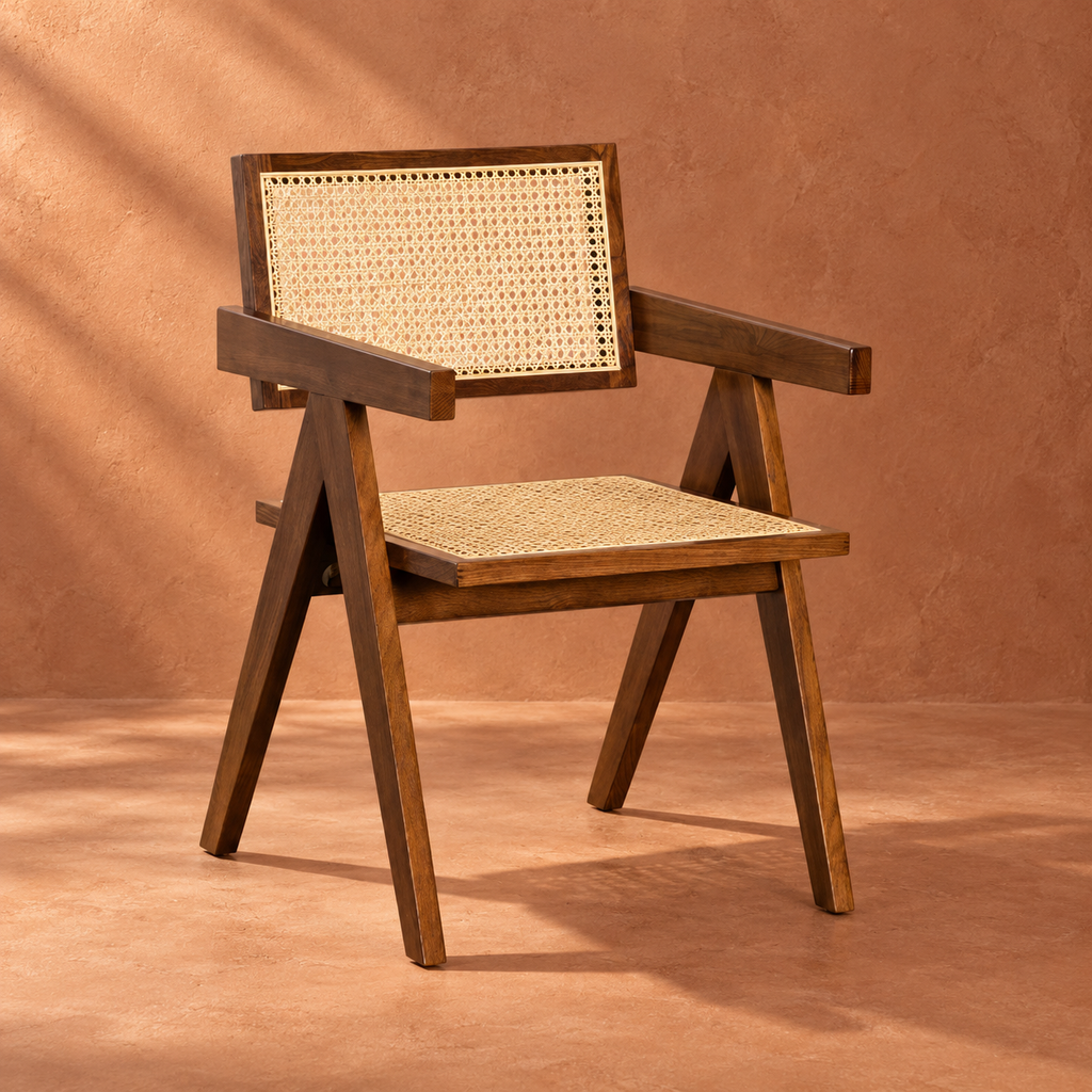 Bhavna Rattan Dining Chair | Handwoven Natural Cane Chair | Teak Finish Japandi & Boho Furniture