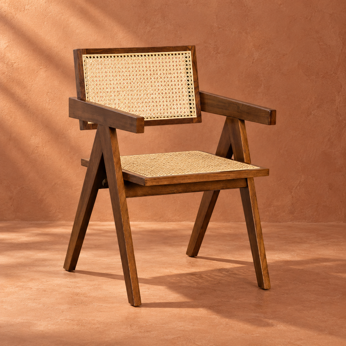 Bhavna Rattan Dining Chair | Handwoven Natural Cane Chair | Teak Finish Japandi & Boho Furniture
