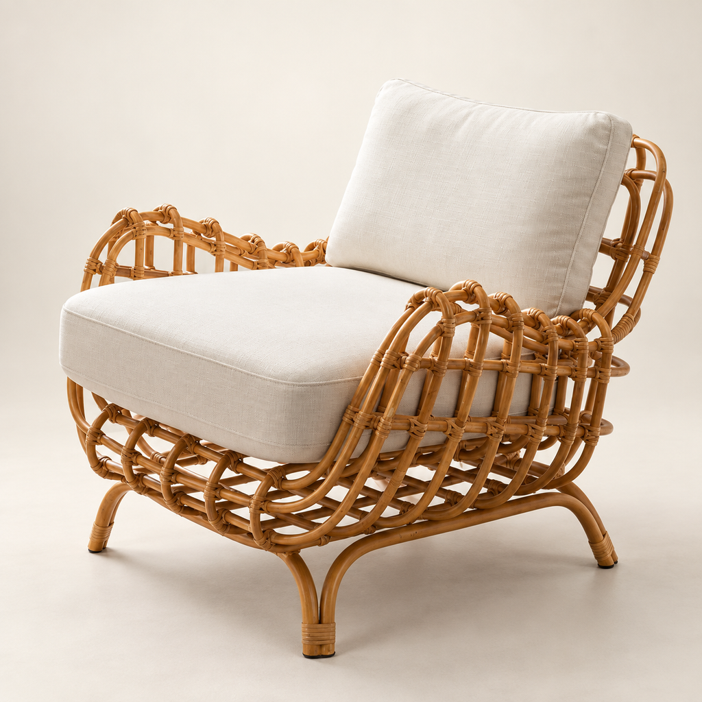 Kiyana Cane Lounge Chair | Handwoven Cane Chair for Living Room | Japandi & Boho Accent Furniture