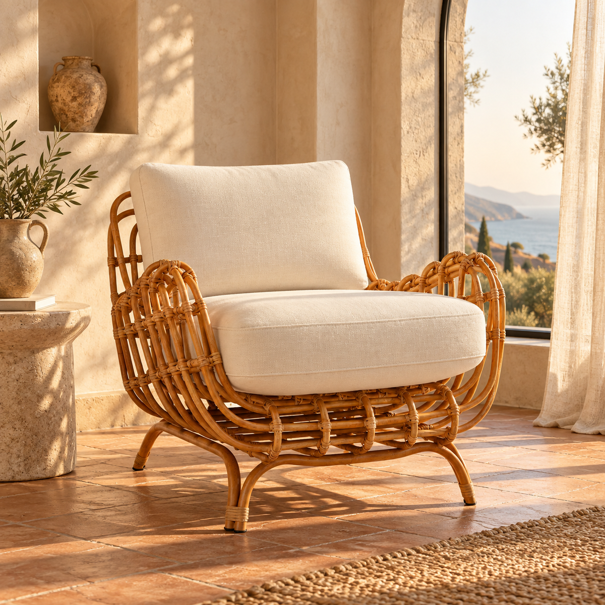 Kiyana Cane Lounge Chair | Handwoven Cane Chair for Living Room | Japandi & Boho Accent Furniture