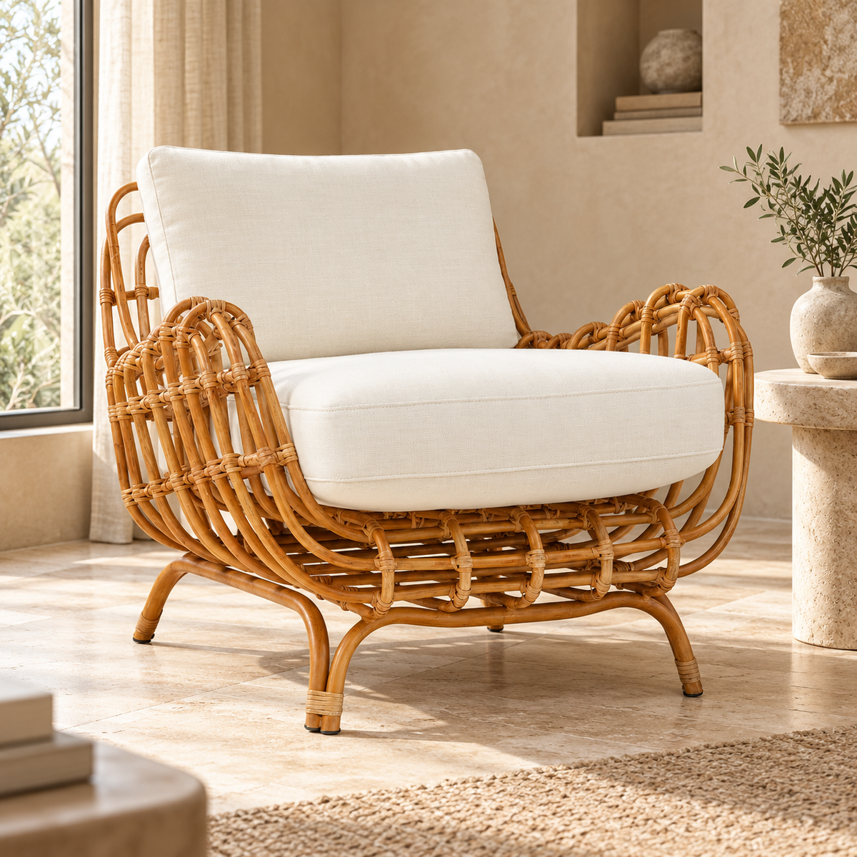 Kiyana Cane Lounge Chair | Handwoven Cane Chair for Living Room | Japandi & Boho Accent Furniture
