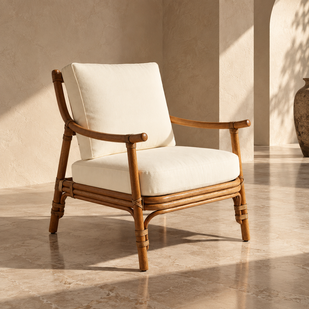Anvaya Cane Lounge Chair | Handwoven Cane Chair for Living Room | Natural Japandi & Boho Seating