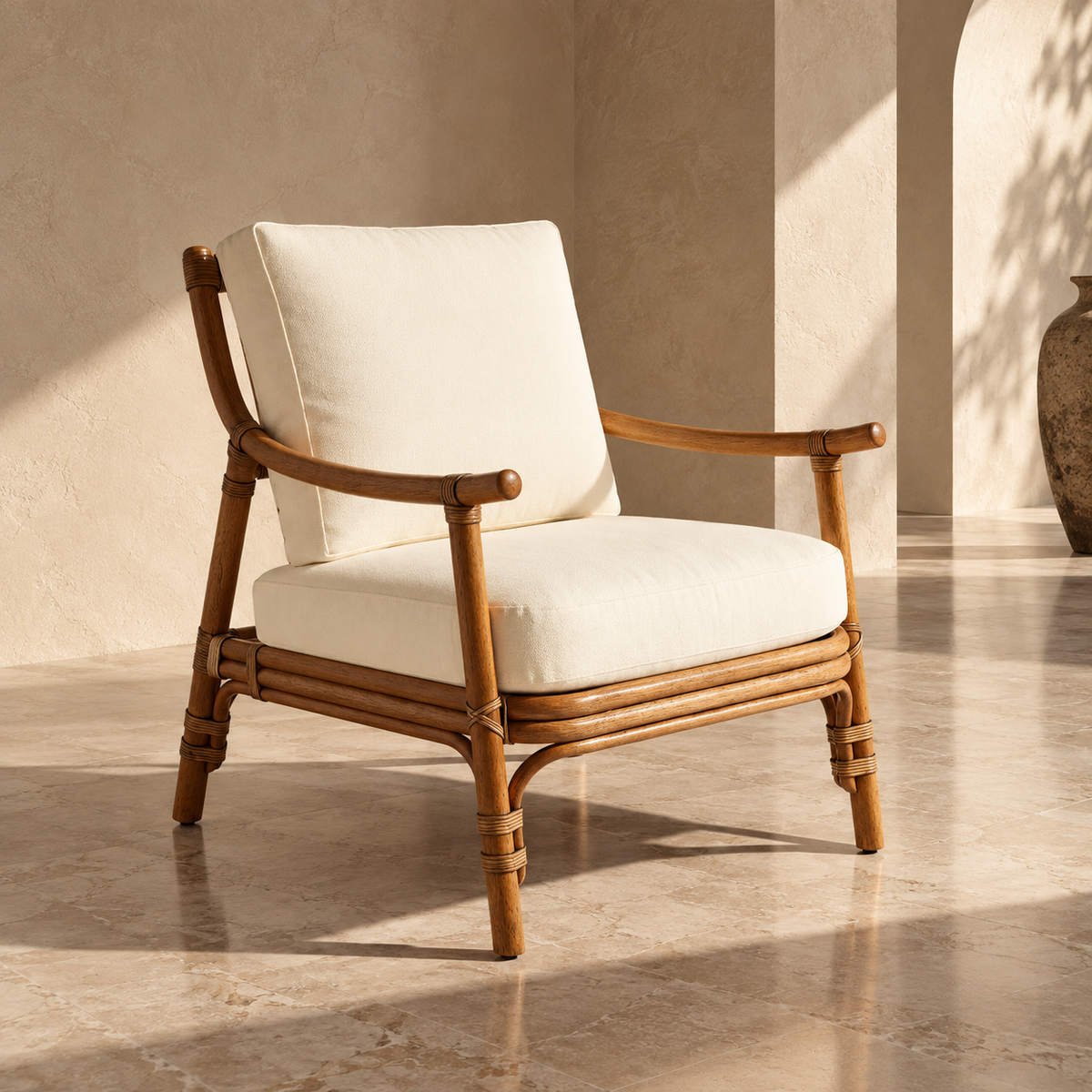 Anvaya Cane Lounge Chair | Handwoven Cane Chair for Living Room | Natural Japandi & Boho Seating