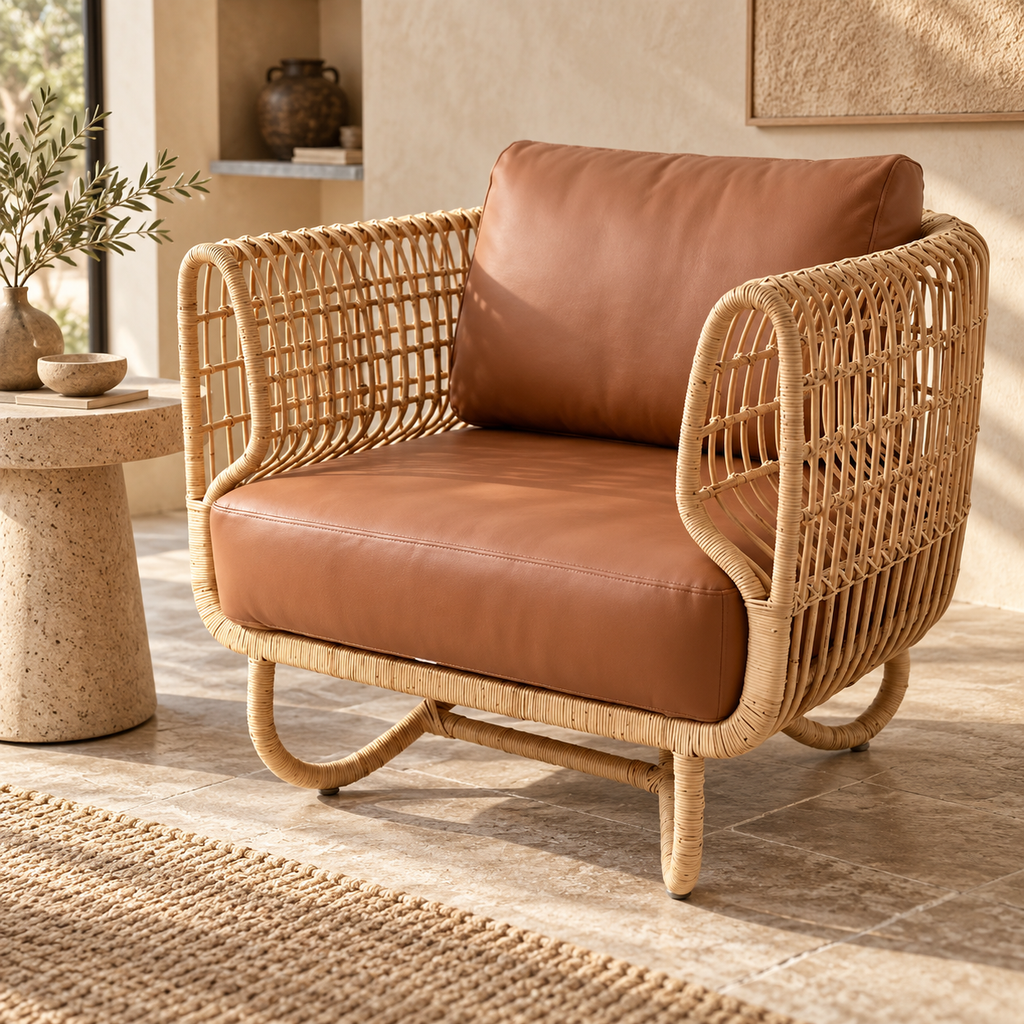 Kashaya Cane Lounge Chair | Handwoven Cane Chair for Living Room | Japandi & Boho Accent Seating