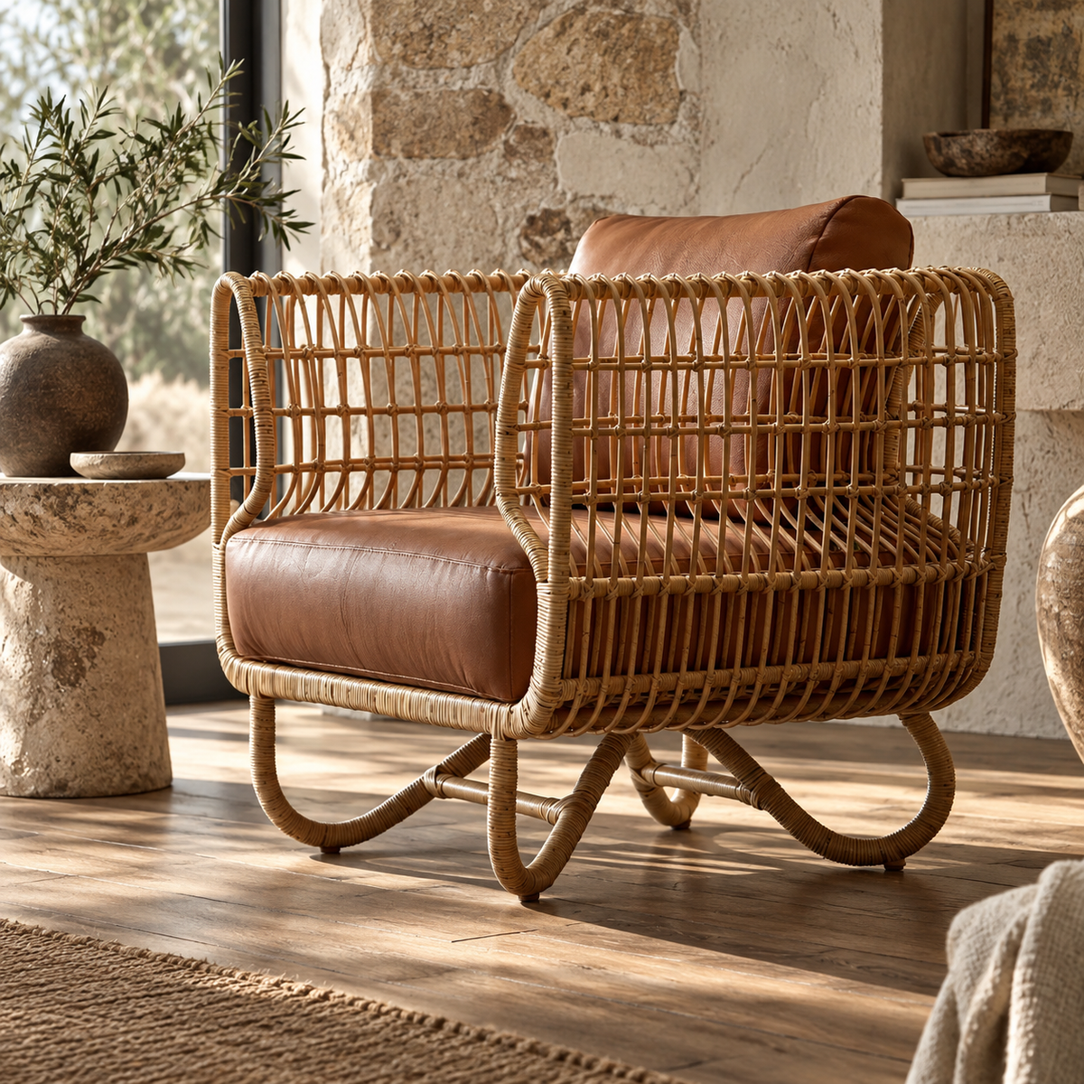Kashaya Cane Lounge Chair | Handwoven Cane Chair for Living Room | Japandi & Boho Accent Seating