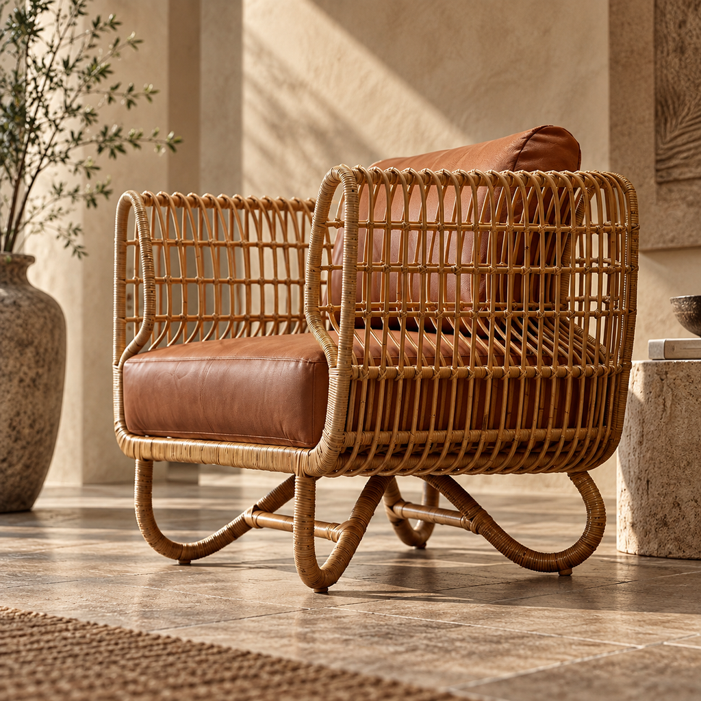 Kashaya Cane Lounge Chair | Handwoven Cane Chair for Living Room | Japandi & Boho Accent Seating