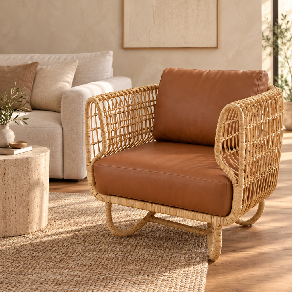 Kashaya Cane Lounge Chair | Handwoven Cane Chair for Living Room | Japandi & Boho Accent Seating
