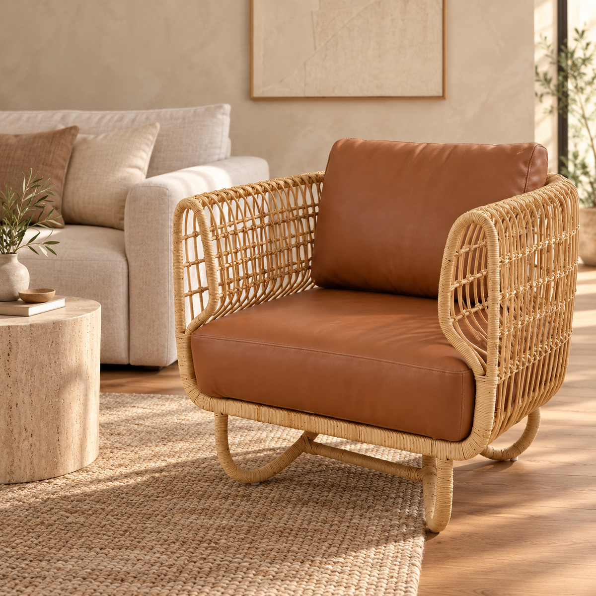 Kashaya Cane Lounge Chair | Handwoven Cane Chair for Living Room | Japandi & Boho Accent Seating
